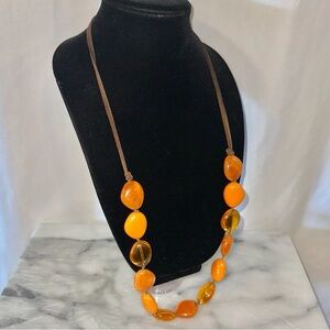 Y2K Beaded Fall Necklace Orange Glass Plastic on Natural String 36"